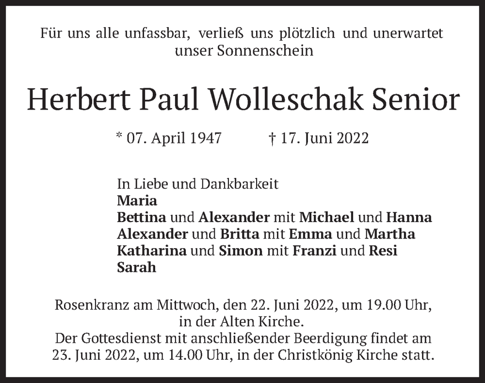  Traueranzeige für Herbert Paul Wolleschak vom 21.06.2022 aus merkurtz