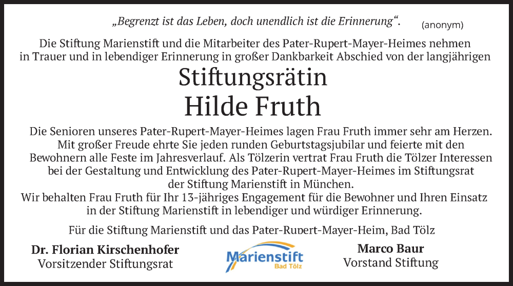  Traueranzeige für Hilde Fruth vom 09.06.2022 aus merkurtz