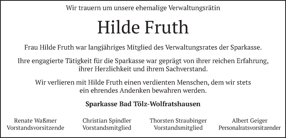  Traueranzeige für Hilde Fruth vom 08.06.2022 aus merkurtz