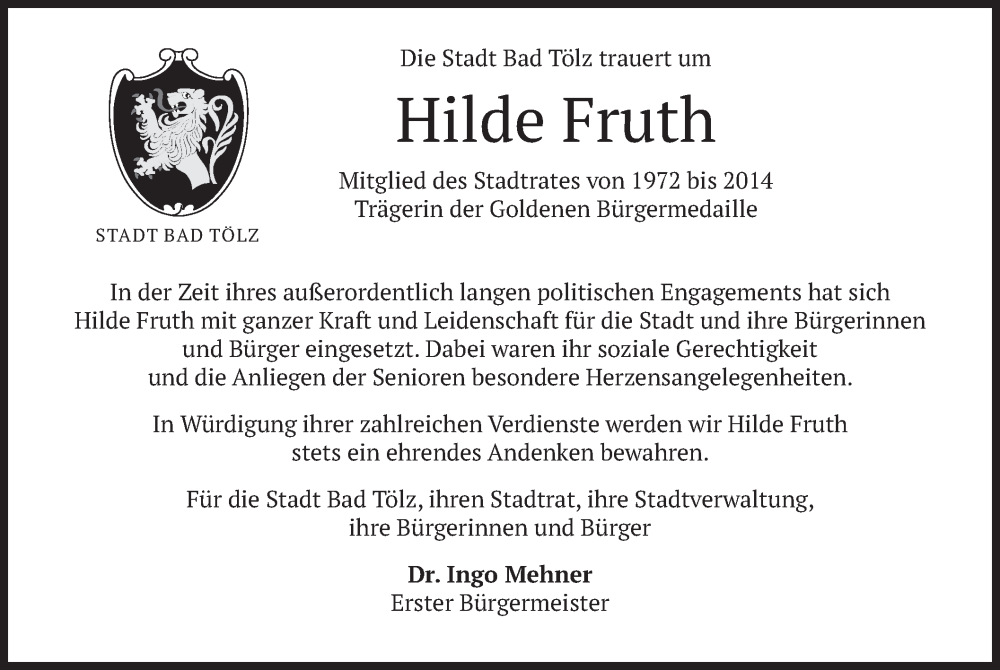  Traueranzeige für Hilde Fruth vom 09.06.2022 aus merkurtz