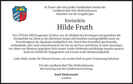 Traueranzeige von Hilde Fruth von merkurtz