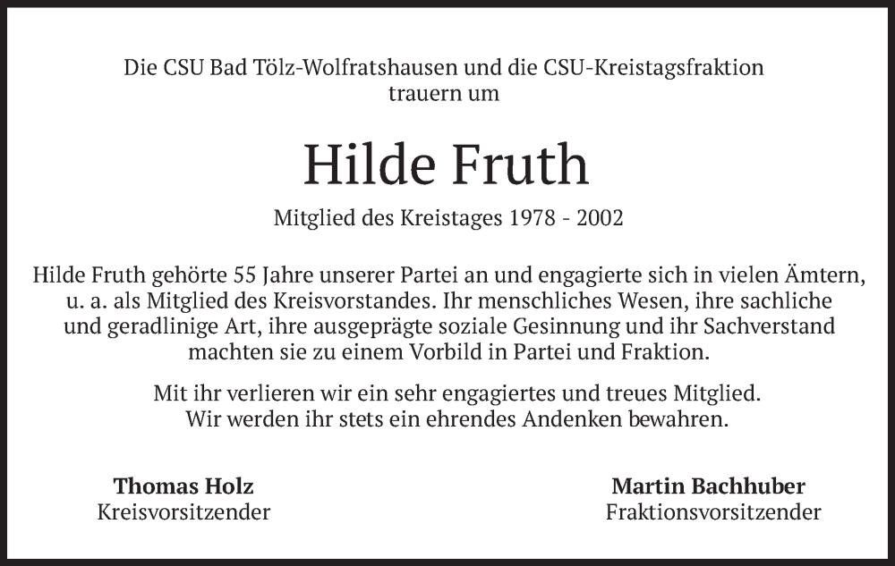  Traueranzeige für Hilde Fruth vom 09.06.2022 aus merkurtz