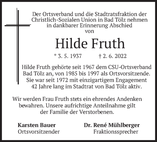 Traueranzeige von Hilde Fruth von merkurtz