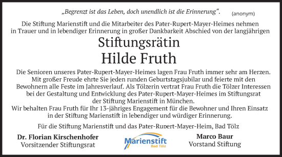 Traueranzeige von Hilde Fruth von merkurtz