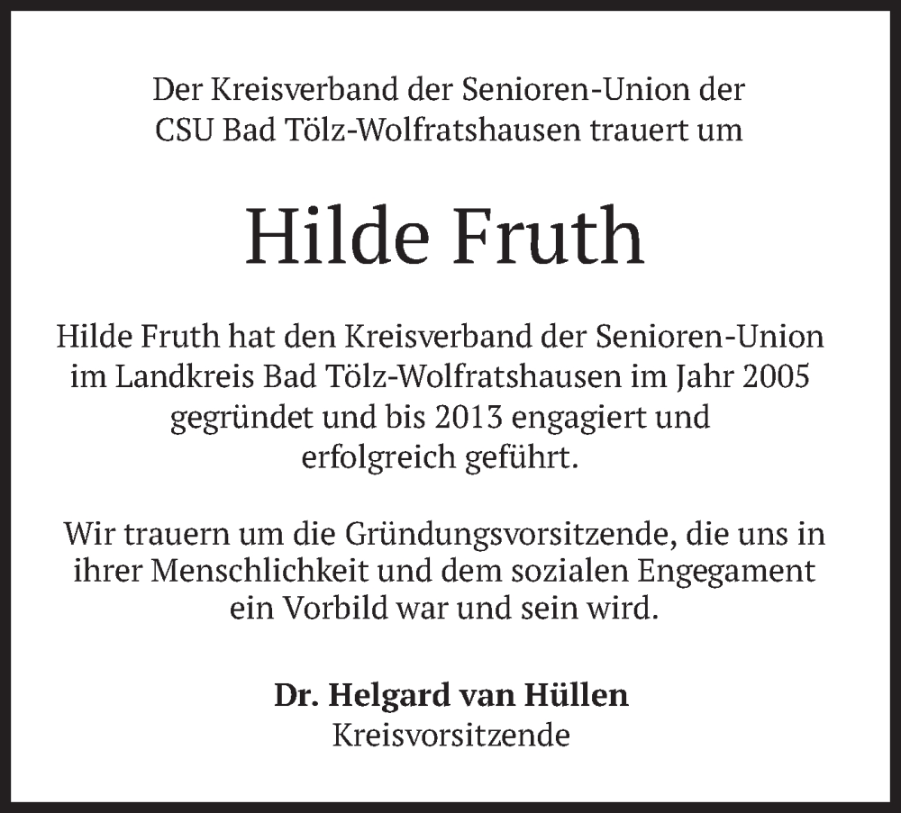  Traueranzeige für Hilde Fruth vom 09.06.2022 aus merkurtz