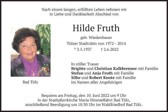 Traueranzeige von Hilde Fruth von merkurtz