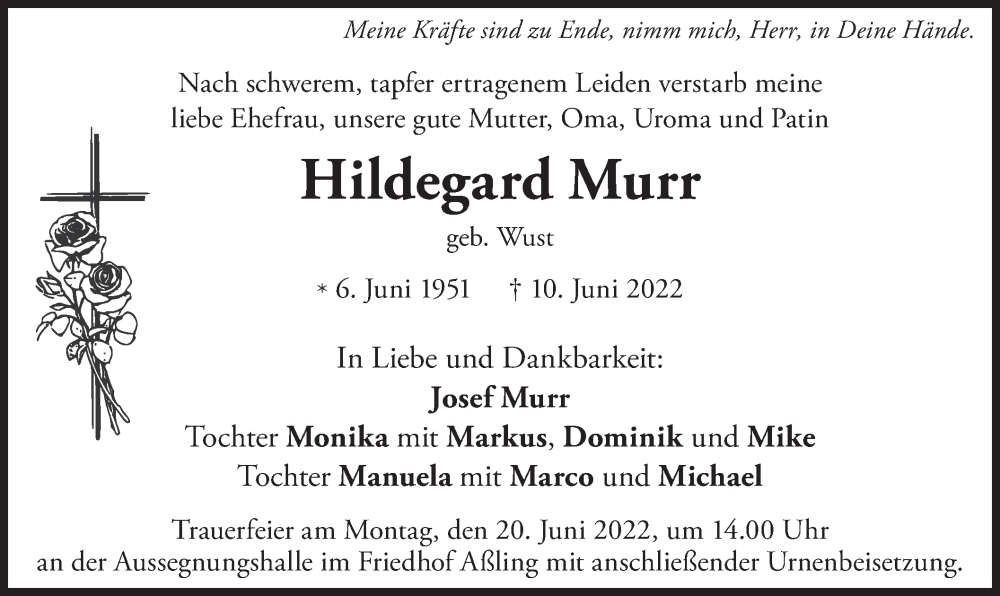  Traueranzeige für Hildegard Murr vom 17.06.2022 aus merkurtz