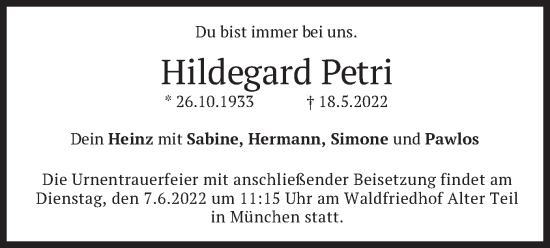 Traueranzeige von Hildegard Petri von merkurtz