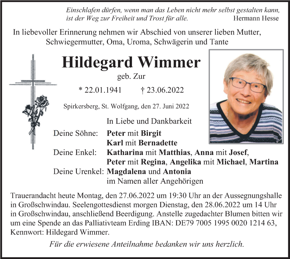  Traueranzeige für Hildegard Wimmer vom 27.06.2022 aus merkurtz