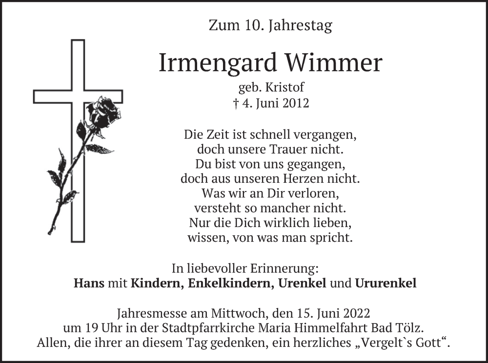  Traueranzeige für Irmengard Wimmer vom 04.06.2022 aus merkurtz