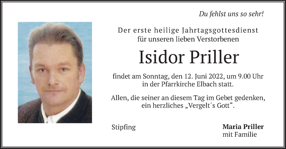  Traueranzeige für Isidor Priller vom 10.06.2022 aus merkurtz