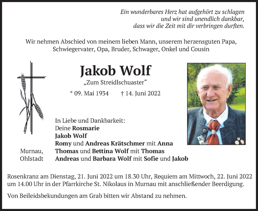  Traueranzeige für Jakob Wolf vom 17.06.2022 aus merkurtz