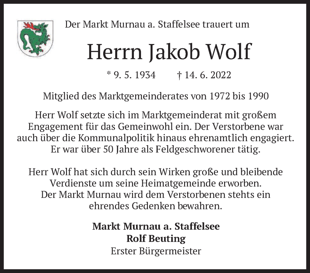  Traueranzeige für Jakob Wolf vom 18.06.2022 aus merkurtz