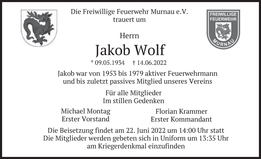  Traueranzeige für Jakob Wolf vom 18.06.2022 aus merkurtz