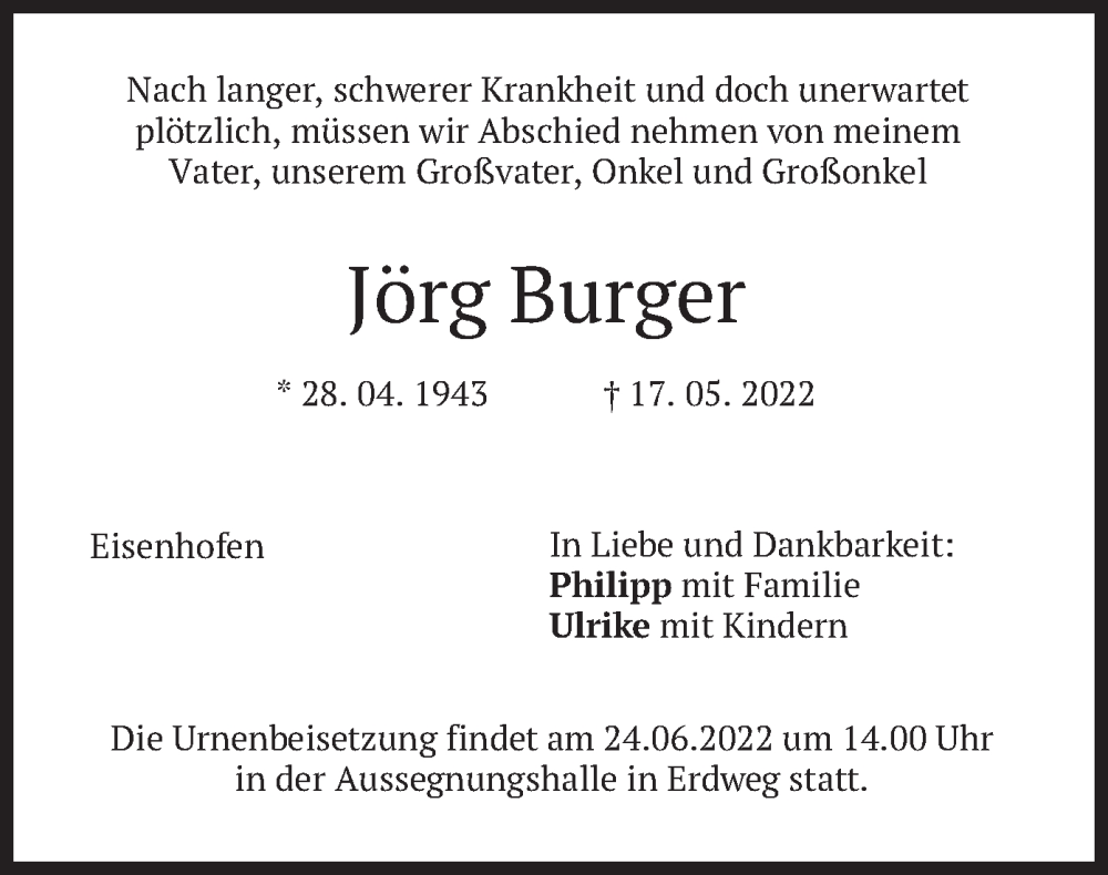  Traueranzeige für Jörg Burger vom 21.06.2022 aus merkurtz