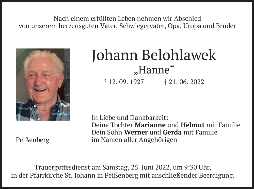  Traueranzeige für Johann Belohlawek vom 23.06.2022 aus merkurtz
