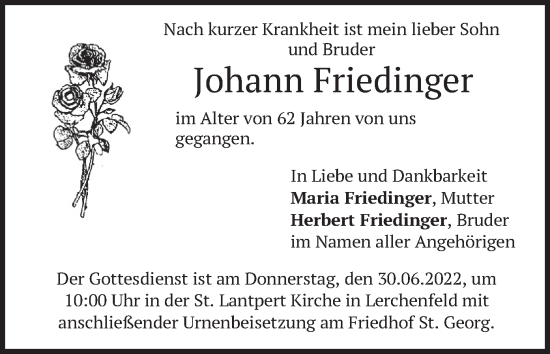 Traueranzeige von Johann Friedinger von merkurtz