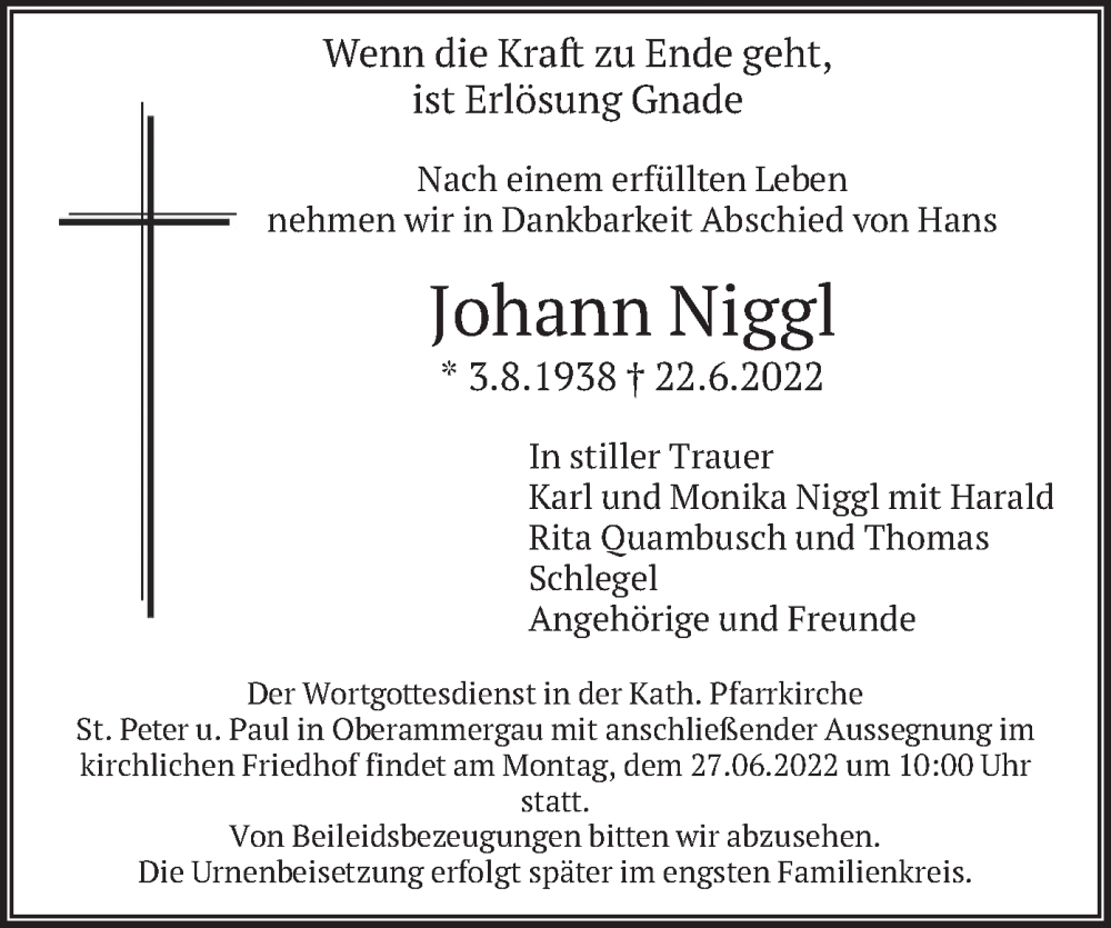  Traueranzeige für Johann Niggl vom 25.06.2022 aus merkurtz