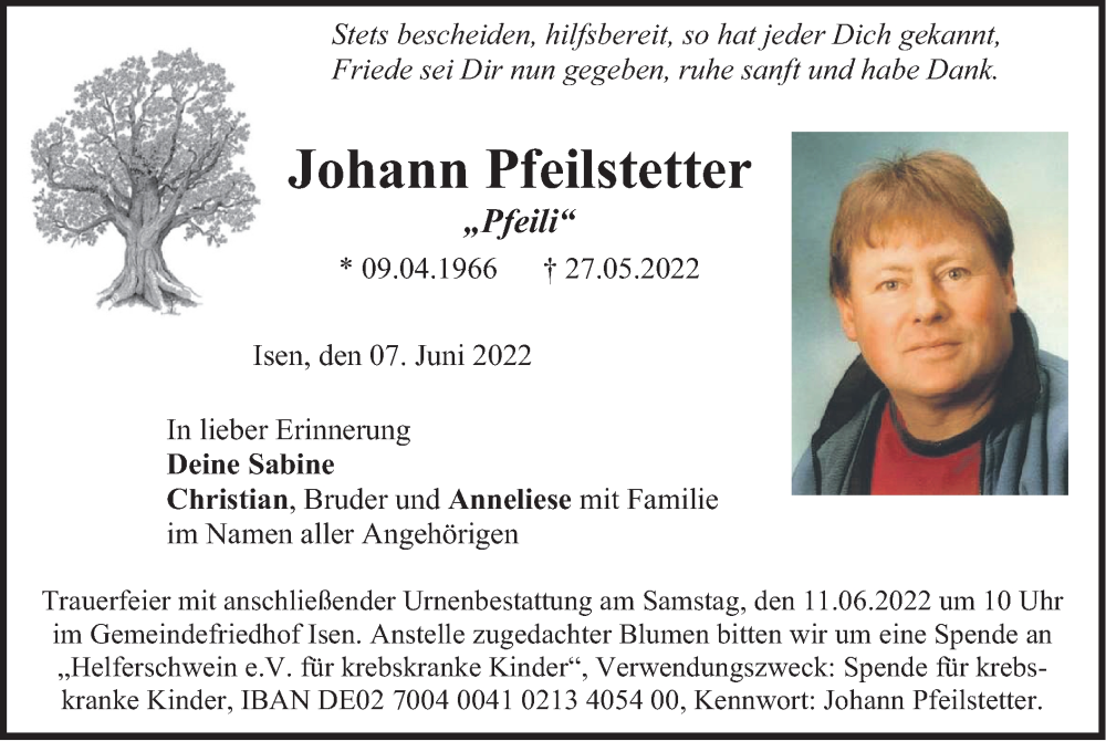  Traueranzeige für Johann Pfeilstetter vom 07.06.2022 aus merkurtz