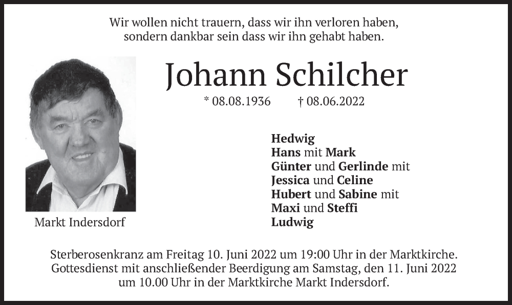  Traueranzeige für Johann Schilcher vom 10.06.2022 aus merkurtz