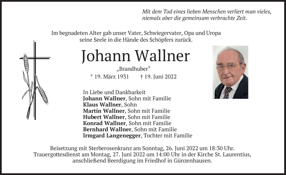  Traueranzeige für Johann Wallner vom 24.06.2022 aus merkurtz