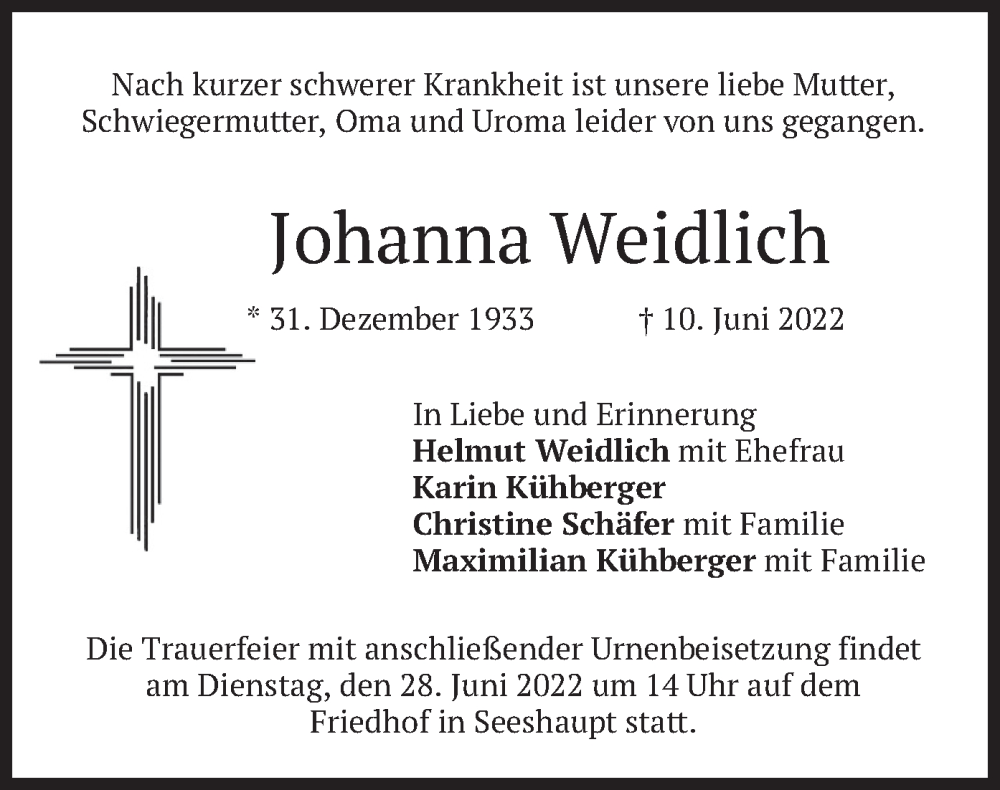  Traueranzeige für Johanna Weidlich vom 25.06.2022 aus merkurtz