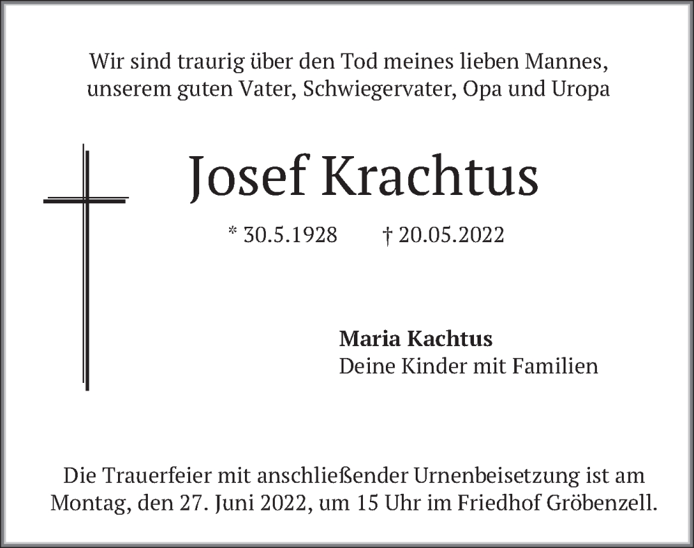  Traueranzeige für Josef Krachtus vom 18.06.2022 aus merkurtz