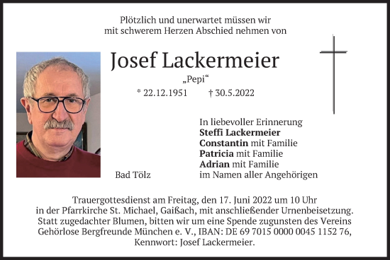 Traueranzeige von Josef Lackermeier von merkurtz