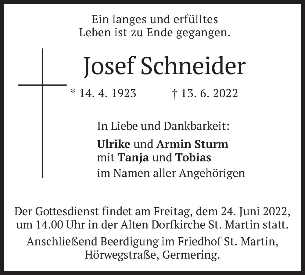  Traueranzeige für Josef Schneider vom 21.06.2022 aus merkurtz