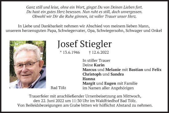 Traueranzeige von Josef Stiegler von merkurtz