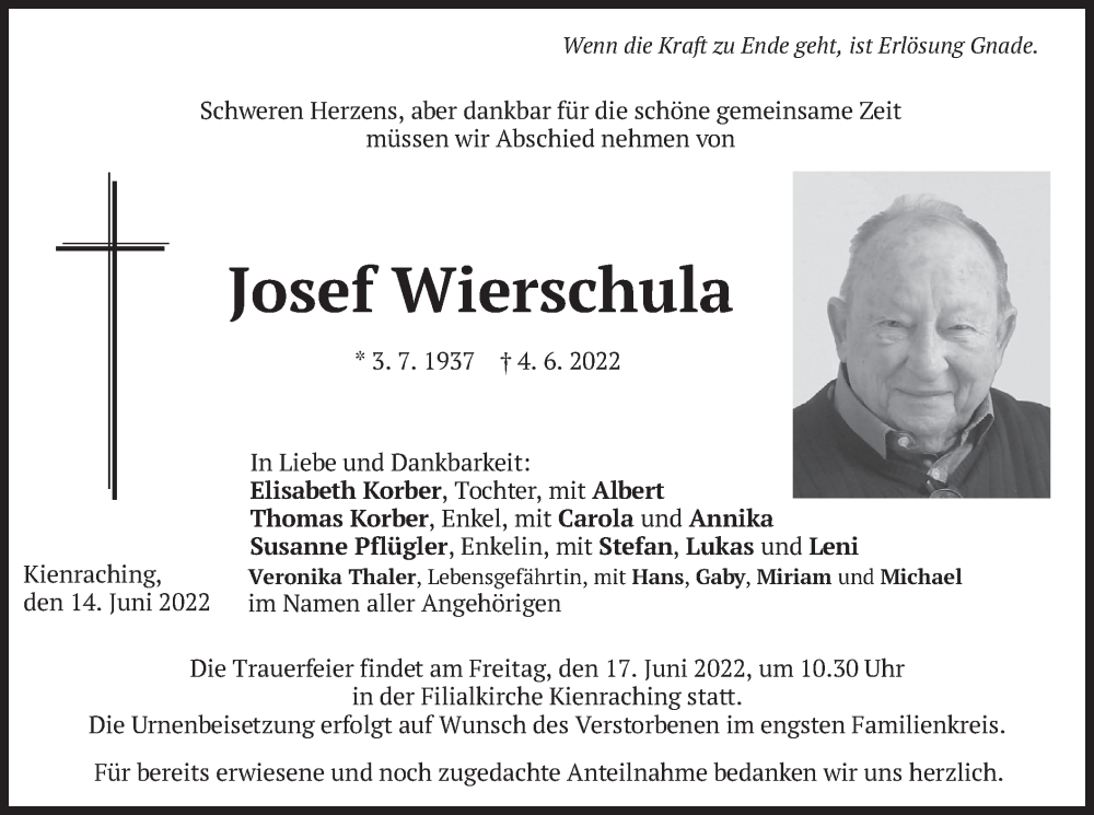  Traueranzeige für Josef Wierschula vom 14.06.2022 aus merkurtz