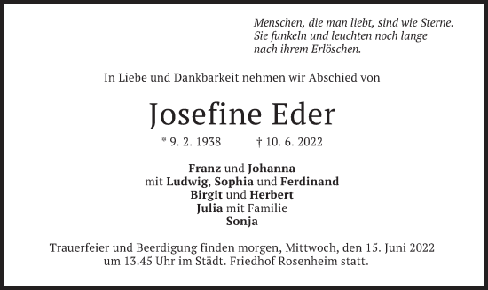 Traueranzeige von Josefine Eder von merkurtz