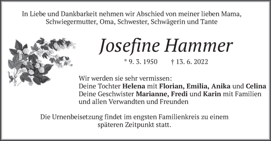 Traueranzeige von Josefine Hammer von merkurtz