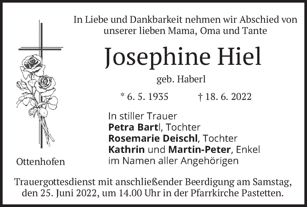  Traueranzeige für Josephine Hiel vom 23.06.2022 aus merkurtz
