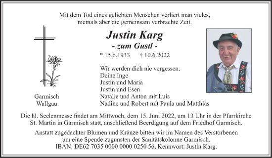 Traueranzeige von Justin Karg von merkurtz