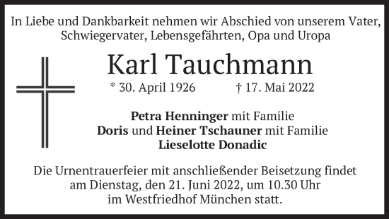 Traueranzeige von Karl Tauchmann von merkurtz