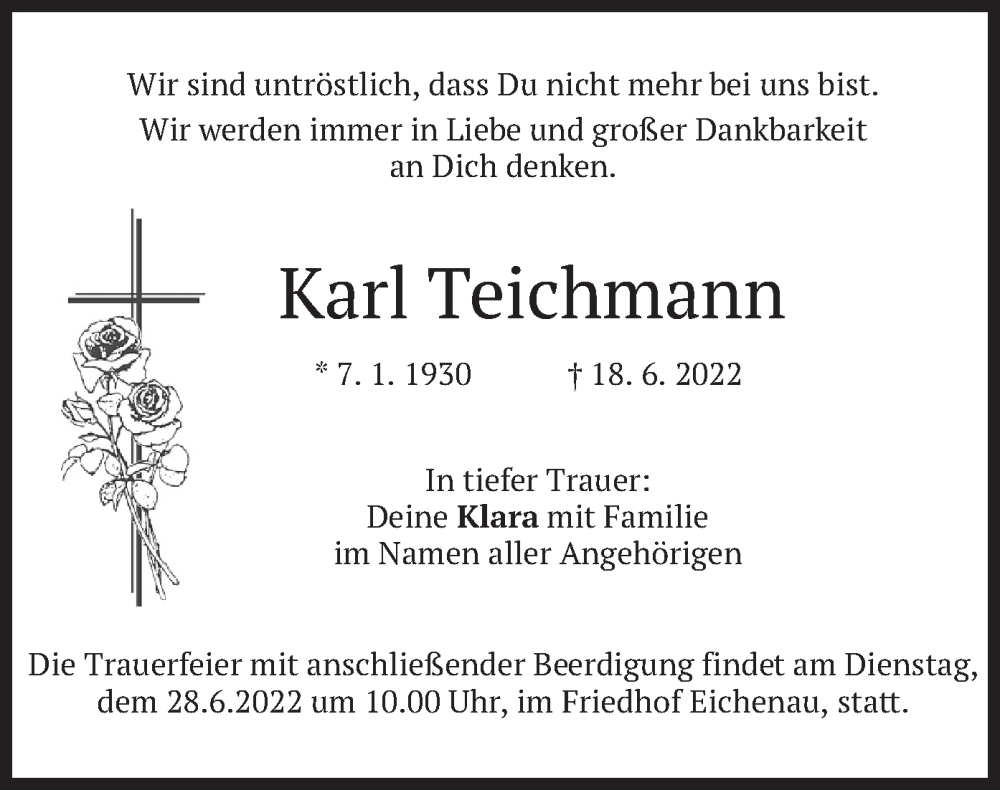  Traueranzeige für Karl Teichmann vom 25.06.2022 aus merkurtz