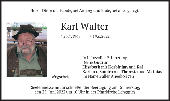 Traueranzeige von Karl Walter von merkurtz