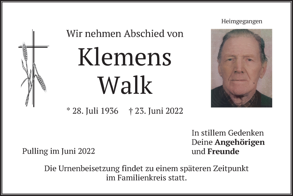  Traueranzeige für Klemens Walk vom 28.06.2022 aus merkurtz
