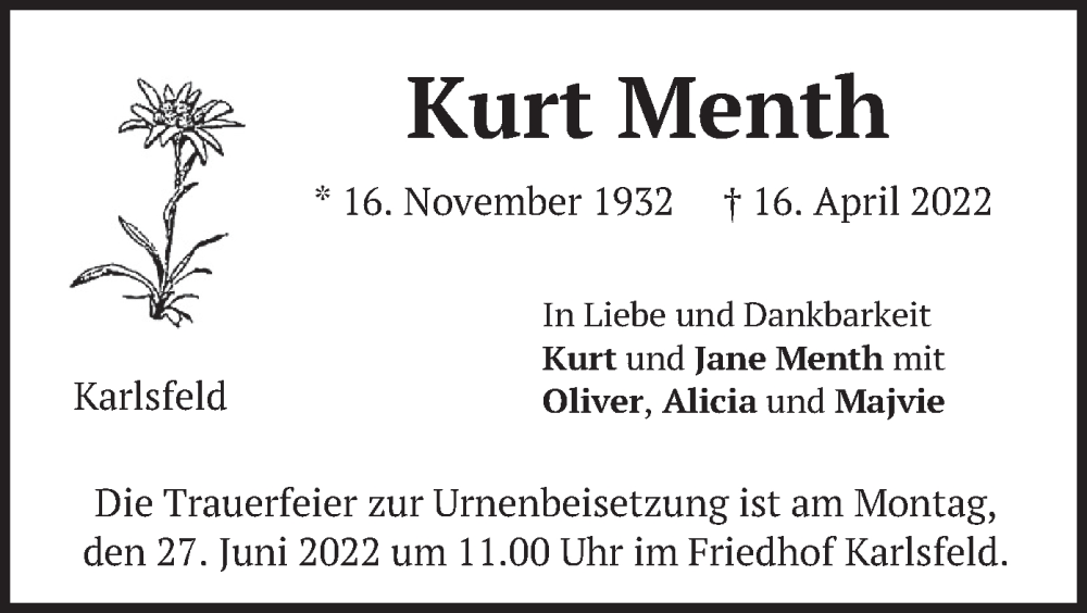  Traueranzeige für Kurt Menth vom 18.06.2022 aus merkurtz