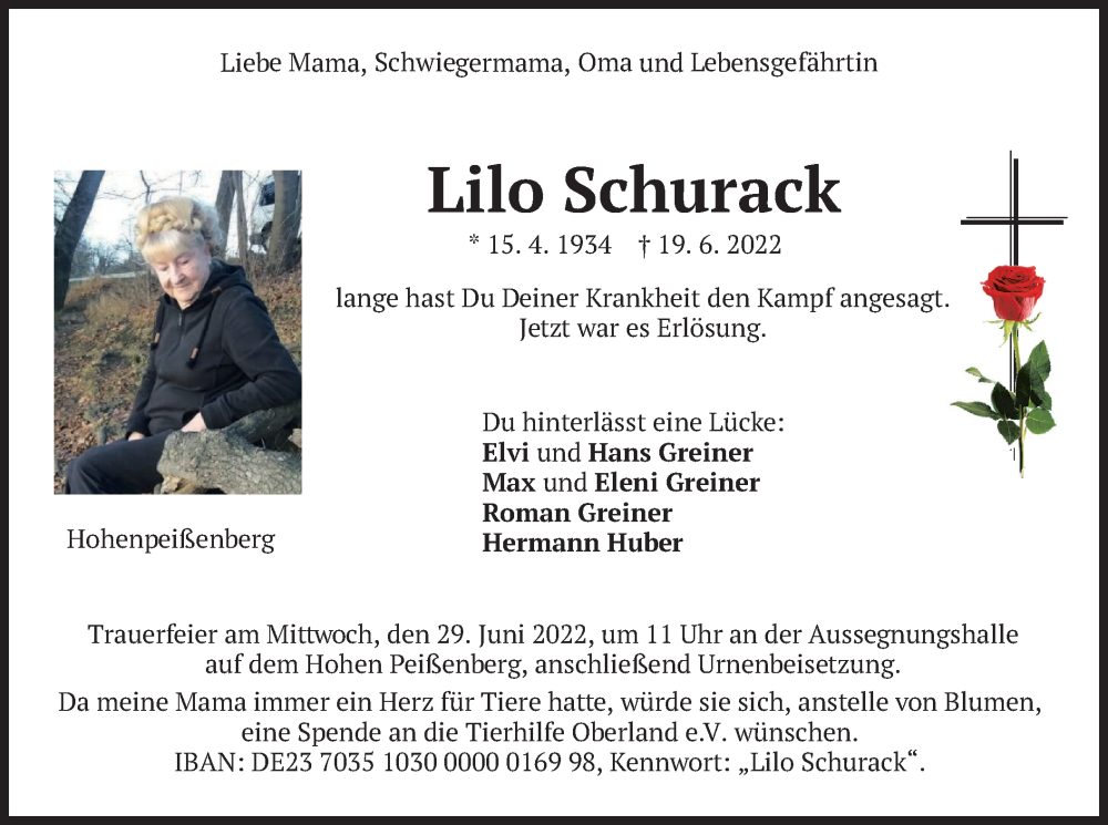  Traueranzeige für Lilo Schurack vom 25.06.2022 aus merkurtz