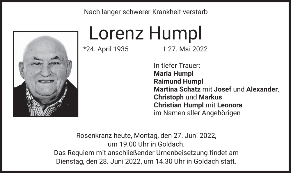  Traueranzeige für Lorenz Humpl vom 27.06.2022 aus merkurtz