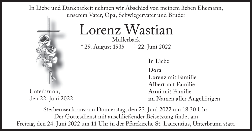  Traueranzeige für Lorenz Wastian vom 23.06.2022 aus merkurtz