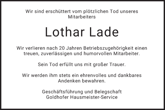 Traueranzeige von Lothar Lade von merkurtz