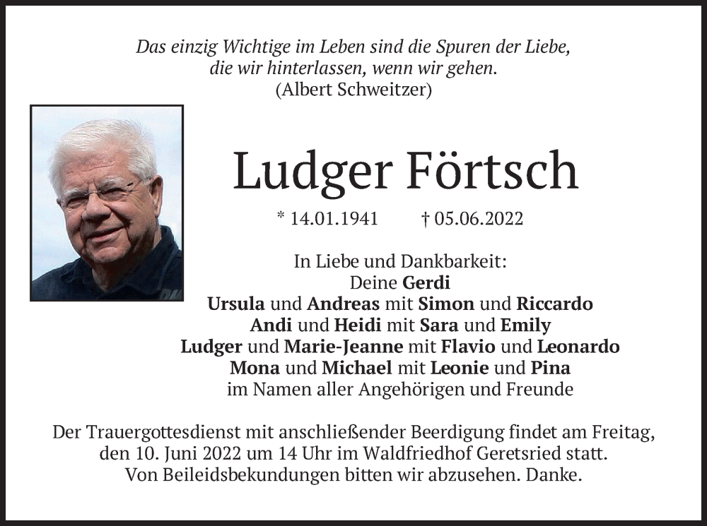  Traueranzeige für Ludger Förtsch vom 08.06.2022 aus merkurtz