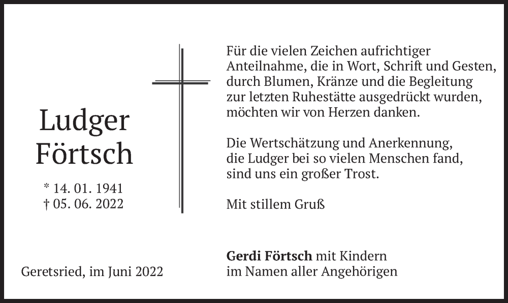  Traueranzeige für Ludger Förtsch vom 18.06.2022 aus merkurtz