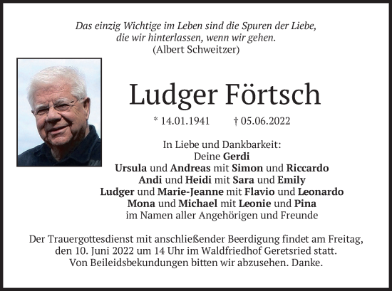 Traueranzeige von Ludger Förtsch von merkurtz