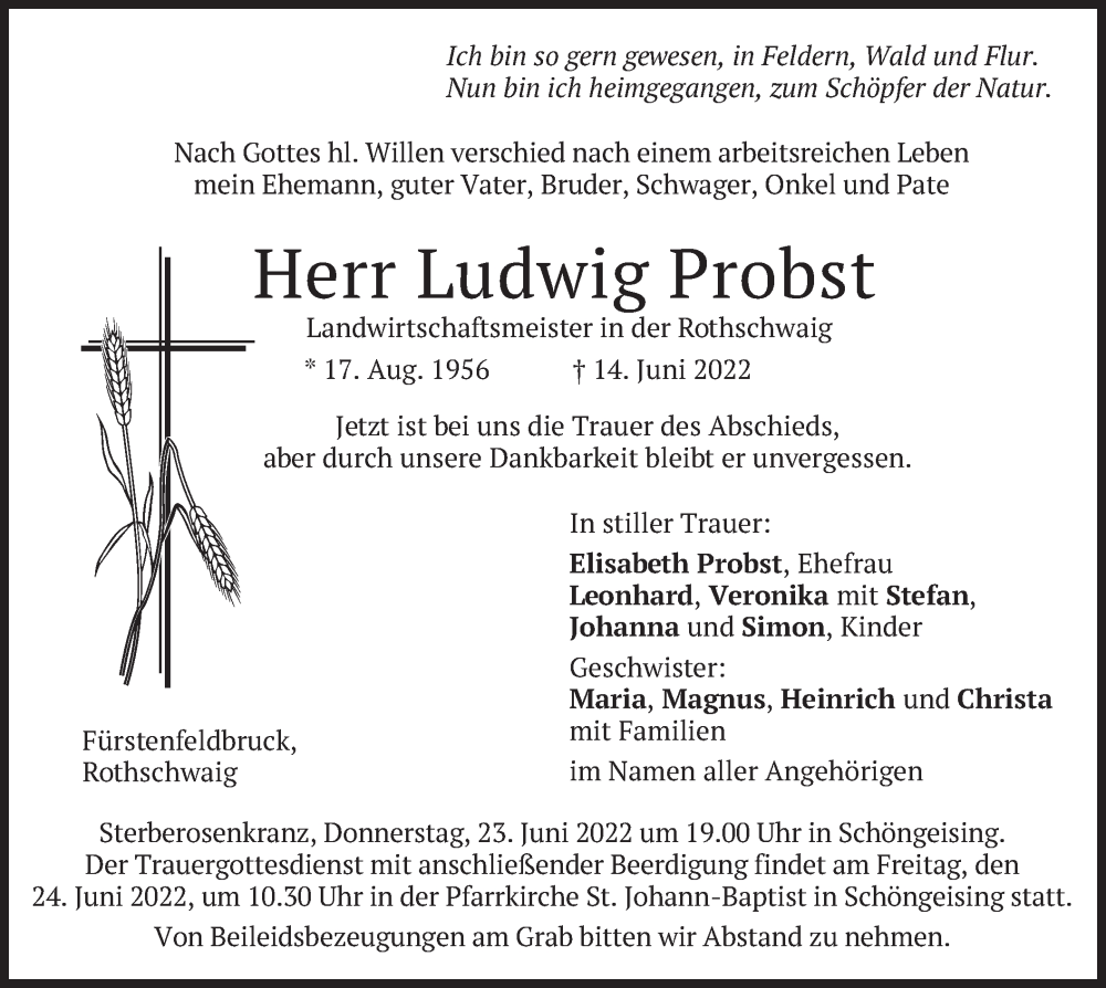  Traueranzeige für Ludwig Probst vom 20.06.2022 aus merkurtz