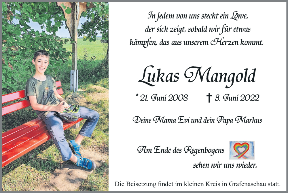  Traueranzeige für Lukas Mangold vom 25.06.2022 aus merkurtz