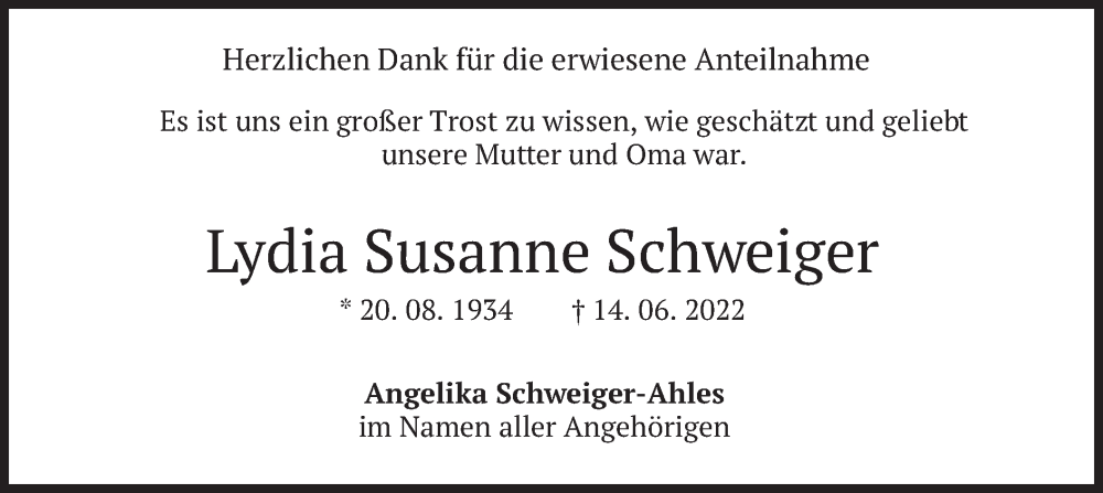  Traueranzeige für Lydia Susanne Schweiger vom 25.06.2022 aus merkurtz